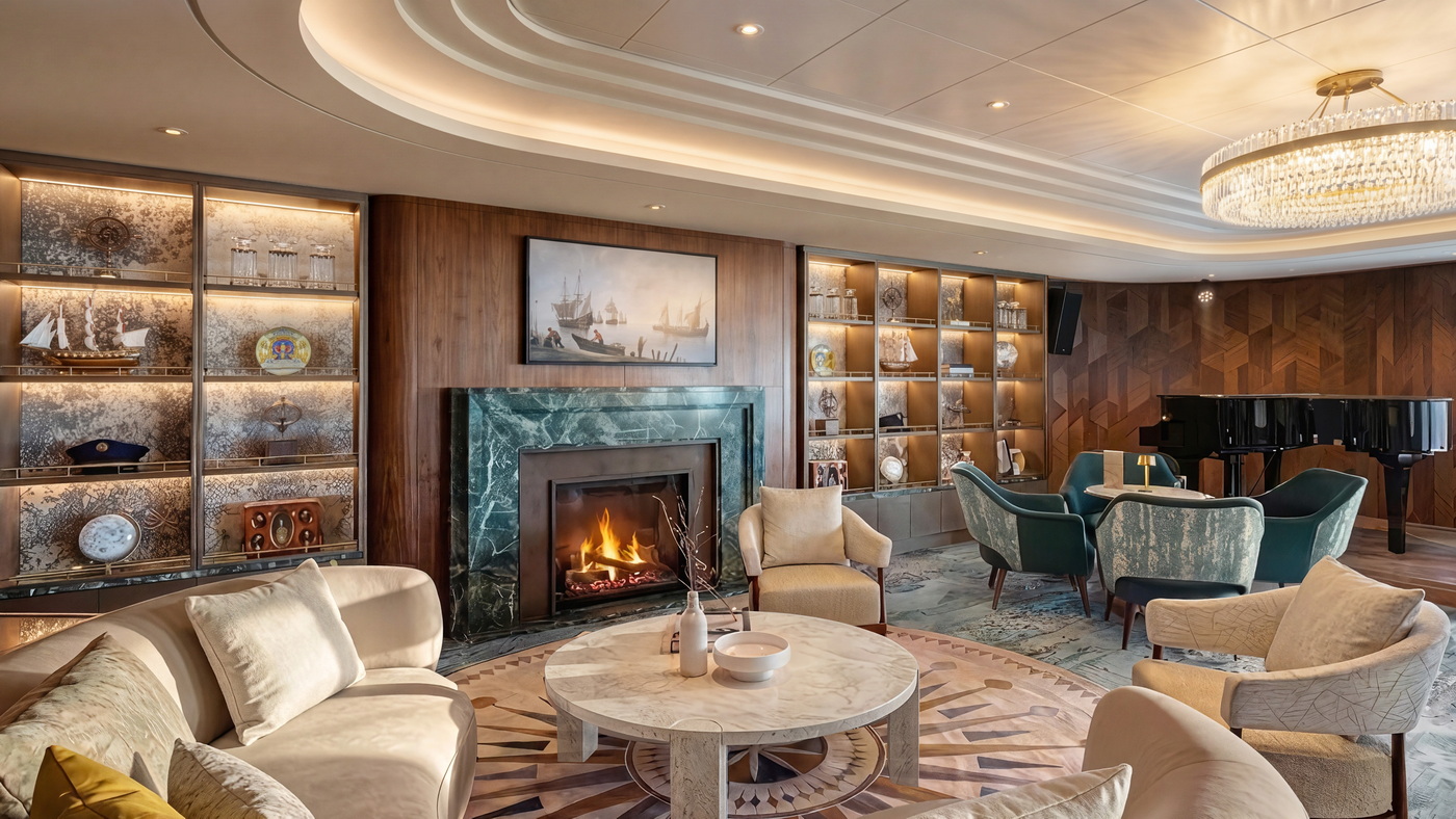 Holland America Line: Bar 1873 inspiriert von 150 Jahren Seefahrt 9 Bar 1873 Fireplace c Holland America Line