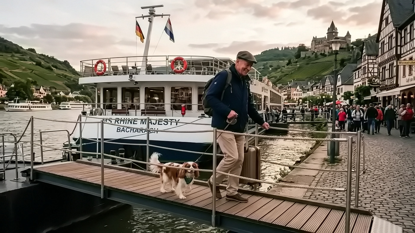 Thurgau Travel: 2027 erstmals Flusskreuzfahrten mit Hund möglich 7 Hund und Herrl gehen Gassi vom Schiff aus c Bild mit KI erstellt Google Gemini