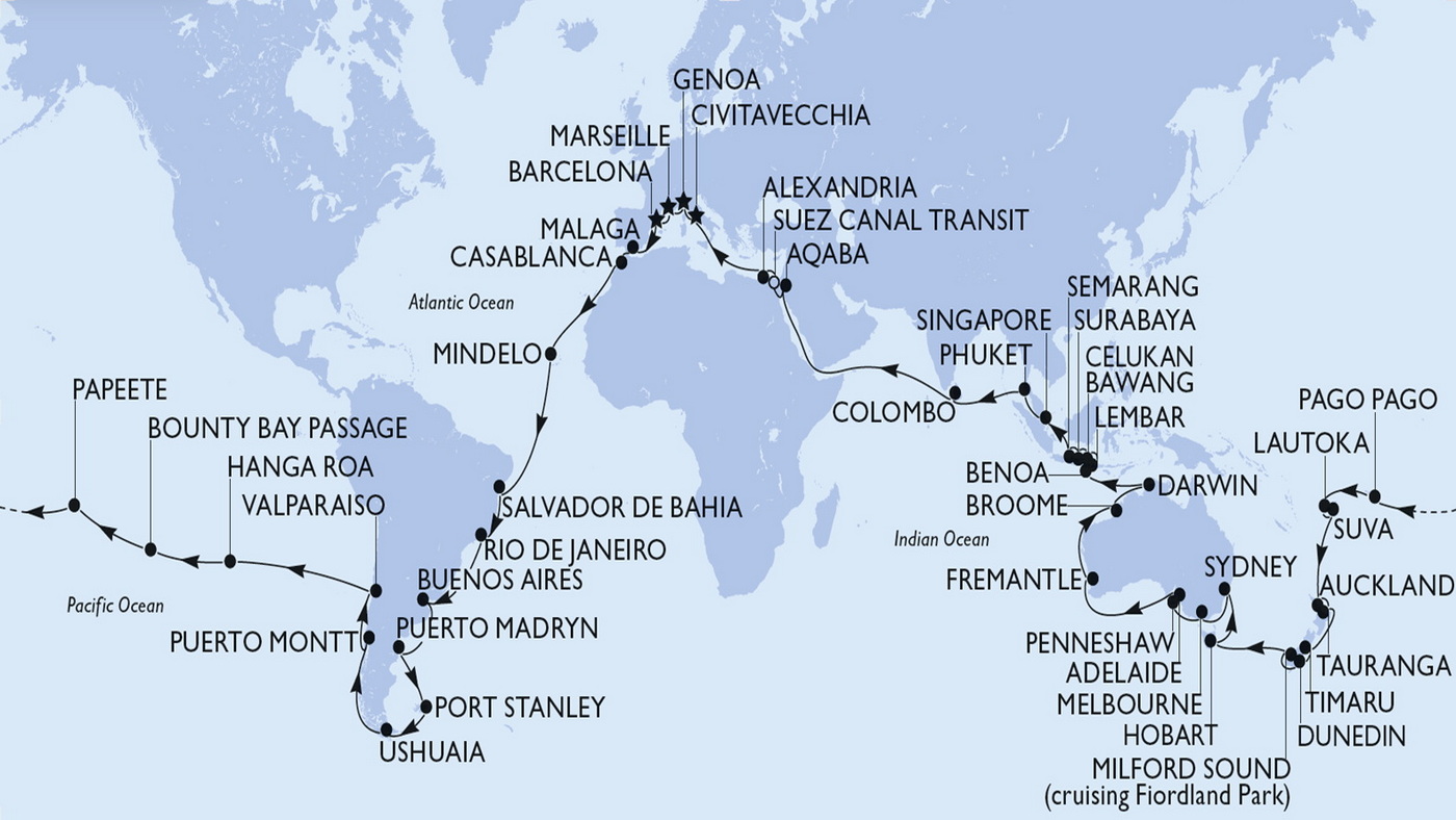 MSC World Cruise 2029 mit der MSC Magnifica in 119 Nächten 6 Karte der MSC World Cruise 2029 c MSC Cruises